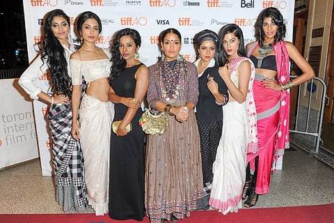Cast attends premiere of 'Angry Indian Godesses' at the 2015 Toronto International Film Festival, L-R Pavleen Gujral, Sarah-Jane Dias, Tannishtha Chatterjee, Sandhya Mridul, Amrit Maghera, Rajshri Deshpande and Anushka Manchanda at The Elgin in Toronto,