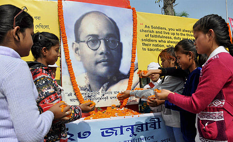 Children pay tribute to Netaji Subhash Chandra Bose on the occasion of his 119th birth anniversary in Guwahati on Saturday | PTI