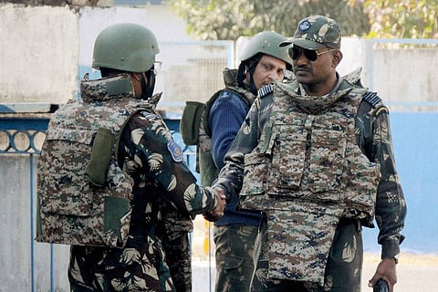 Pathankot Security forces jawans inside the Pathankot Air Force base after the end of the military operation against militants on Tuesday.