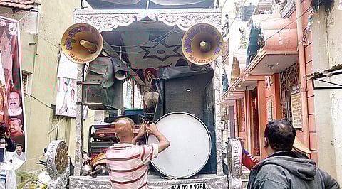 Conical loudspeakers, which give out high-decibel sound, were used at a religious event held in Shantinagar a few days ago