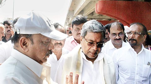 Chief Minister Siddaramaiah along with a few government officials inspects alternative routes to the Kempegowda International Airport, near Hennur on Monday. The CM, after the inspection, said the ste
