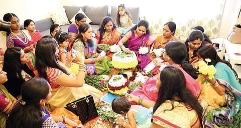 Nizamabad MP and and Telangana Jagruthi founder Kalvakuntla Kavitha participating in Bathukamma festival in London on Saturday| Express photo