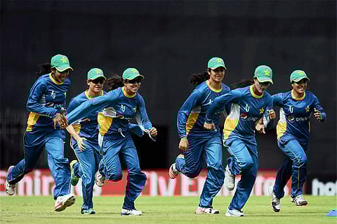 Pakistani women cricket team captain Sana Mir along with teammates during a practice session at MAC Stadium in Chennai during World T20 2016. | PTI