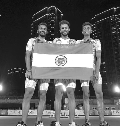 Dhanush Babu(right) with teammates Vikram Ingale and Nikhilesh Tabhane after winning the medal in the 17th Asian Speed Skating Championships in Lishui, China