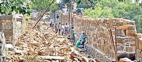 Restoration works at Kondapalli Fort near Vijayawada on Friday | P RAVINDRA BABU