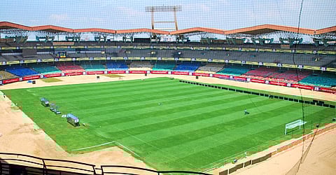 The playing surface at Jawaharlal Nehru International Stadium for the first time sports a pattern of dark and light shades of green K Shijith