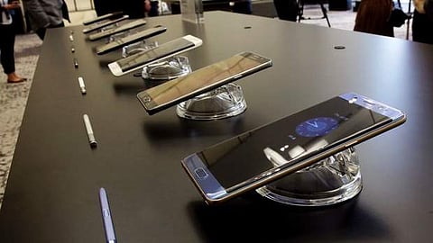 The Galaxy Note 7, foreground, is displayed in New York. | (AP)