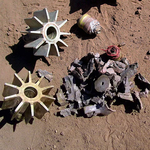 The remains of mortar shells after heavy shelling across the LOC at Balakot village in Poonch district on Monday. |PTI