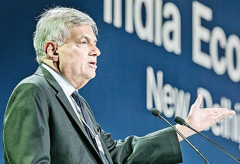 Sri Lankan Prime Minister Ranil Wickremesinghe speaking at the India Economic Summit in New Delhi on Thursday | Express