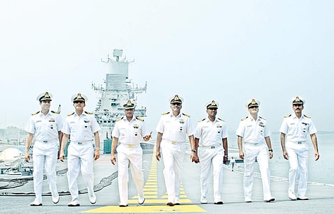 Captain Krishna Swaminathan and his team onboard INS Vikramaditya at the port in Kochi | Melton Antony