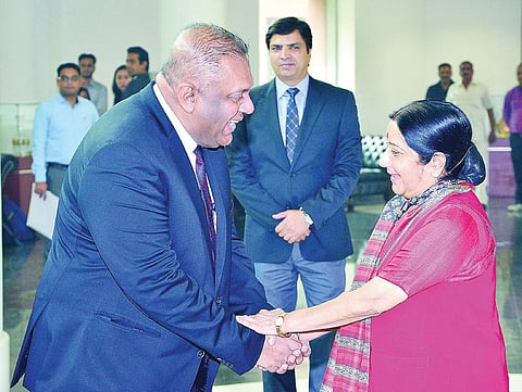 External Affairs Minister Sushma Swaraj with her Sri Lankan counterpart Mangala Samaraweera
