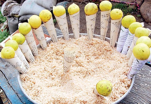 People rub lime and salt on their bodies before taking a bath at Benne Halla | D Hemanth