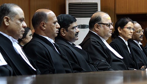 Five new additional judges of Karnataka High Court assumed charge after the swearing-in ceremony at High Court on Monday. Chief Justice Subhro Kamal Mukherjee (third from right) administered oath of