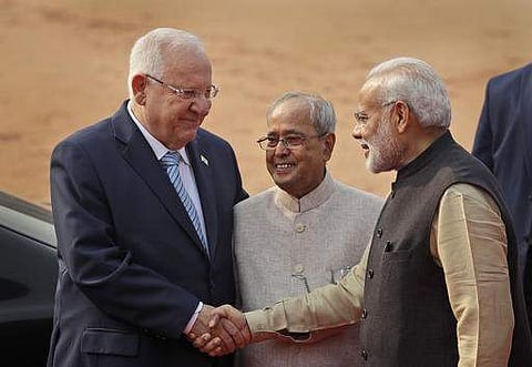 Indian Prime Minister Narendra Modi , right, shakes hand with Israeli President Reuven Rivlin. | AP