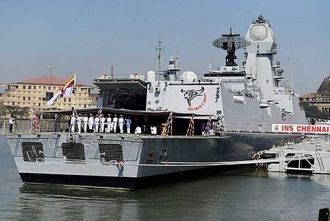 Mumbai Naval officers hoisting their flag during the commissioning ceremony of naval warship INS Chennai in Mumbai | PTI