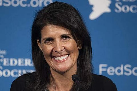 South Carolina Gov. Nikki Haley smiles while speaking at the Federalist Society's National Lawyers Convention in Washington. (File photo | AP)
