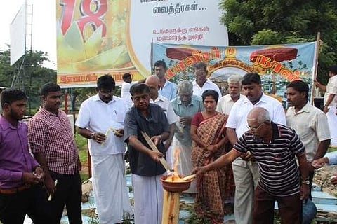 Maaveera torch being lit at the Thileepan memorial. (EPS)