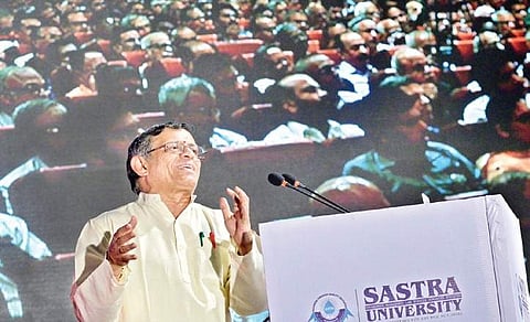 Political commentator S Gurumurthy speaks at the 13th Nani Palkhivala Memorial Lecture organised by School of Law in SASTRA University on Tuesday | P Jawahar