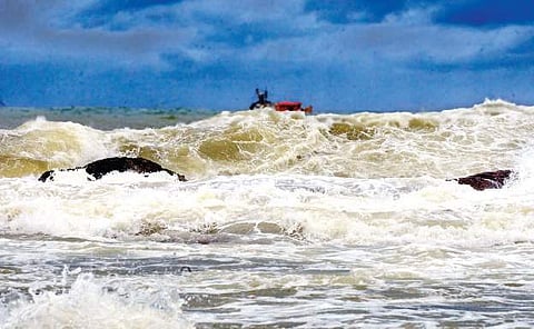 Strong waves lashing the Vizag coast, under the influence of depression over the Bay of Bengal, on Friday. | RVK Rao