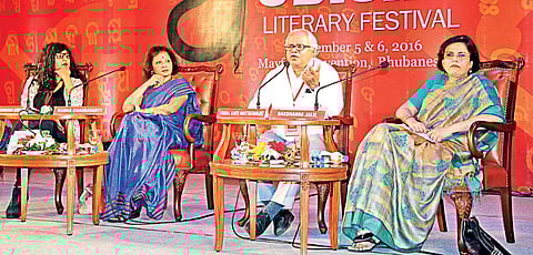 (From left) Meenakshi Madhavan Reddy, Radha Chakravarty, Nirmal Kanti Bhattacharjee and Rakshanda Jalil during the session “Is English really an Indian language?” at Odisha Literary Festival 2016 on