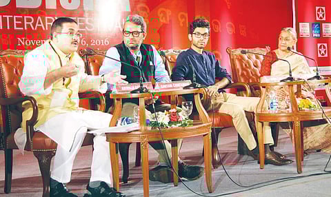 (From left) Anirban Ganguly, Gautam Chintamani, Manu S Pillai and Prabeen Singh during the session ‘Biographies: Are they Literature or PR?’ on the second day of OLF-2016 in Bhubaneswar on Sunday | Ex