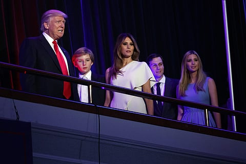 From left, Trump, his son Barron, wife Melania, Jared Kushner, and Ivanka Trump. | AP
