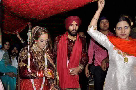 Yuvraj Singh with Hazel Keech during rituals of their marriage in Panchkula on Wednesday.(Photo |PTI)