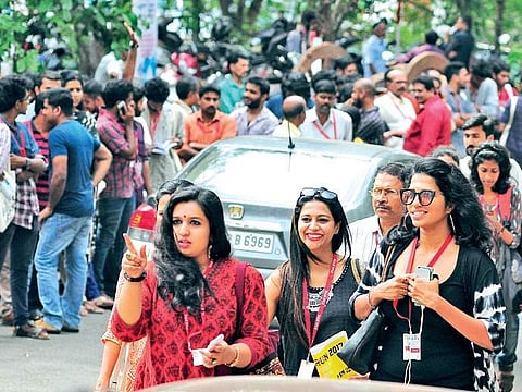 Young delegates at Tagore Theatre, the main venue of IFFK-2016 on Saturday PICS: B P Deepu