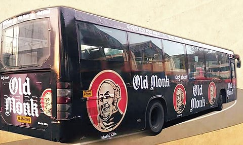 Liquor brand promotional advertisement pasted on a BMTC bus in Bengaluru. The BMTC earns nearly `15 crore from advertisements every year| Express
