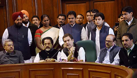 Congress vice president Rahul Gandhi with Trinamool Congress member Sudip Bandyopadhyay (sitting, second from left) and other Opposition leaders during a press conference at Parliament in New Delhi on