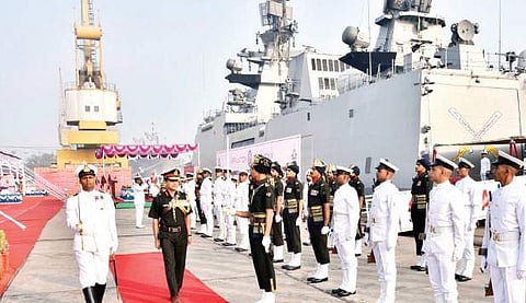 Lt Gen RV Kanitkar, Colonel of the Poona Horse Regiment inspecting the guard of honour that began with the inspection of the combined Army-Navy marks affiliation of INS Sahyadri to Poona Horse in Vizag on Saturday | Express