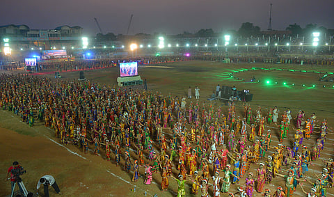 Artistes performing Kuchipudi during the closing ceremony of the International Kuchipudi Dance Convention at IGMC Stadium in Vijayawada on Sunday | express