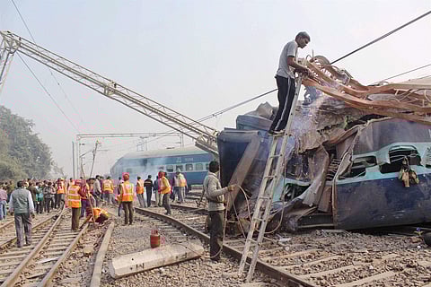 Rescue and relief work in progress after the Ajmer-Sealdah Express derailed near Rura railway station in Kanpur Dehat district of Uttar Pradesh on Wednesday morning | PTI