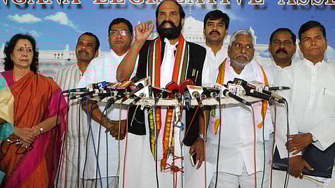 TPCC chief Uttam Kumar Reddy along with other leaders addressing the media after boycotting the Assembly; (