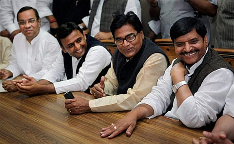 Uttar Pradesh Chief Minister Akhilesh Yadav with his uncle and Samajwadi Party leaders Ram Gopal Yadav and Shivpal Yadav (File photo | PTI)