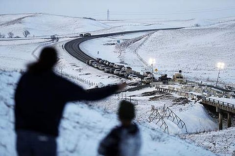 A road leading to a blocked bridge next to the Oceti Sakowin camp where people have gathered to protest the Dakota Access oil pipeline in Cannon Ball. | AP