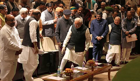 PM Narendra Modi, Rajnath Singh, L K Advani, Ravi Shankar Prasad and others during a BJP meeting at the Parliament House on Wednesday | Shekhar yadav