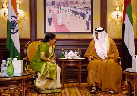 External Affairs Minister Sushma Swaraj with Sheikh Mohammed bin Zayed Al Nahyan Crown Prince of Abu Dhabi at a meeting in New Delhi on Wednesday. | PTI