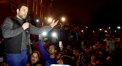 Congress vice president Rahul Gandhi addresses students of the Jawaharlal Nehru University JNU in New Delhi on Saturday. Gandhi went to the campus to meet the students protesting for the release of Student Union president Kanhaiya Kumar. | PTI
