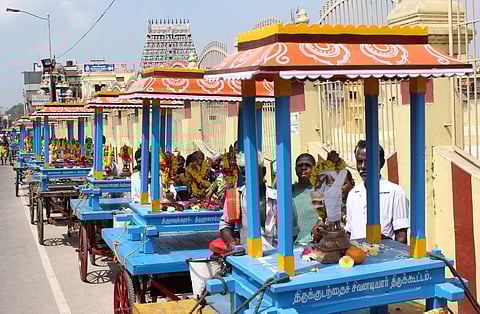 The idols of 63 Nayanmar, the saivite saint poets being taken as a procession in Kumbakonam on Tuesday on account of Mahamaham festival. | Express Photo