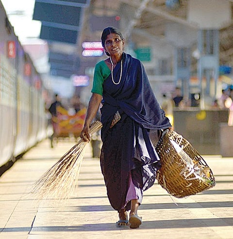 A cleaner, busy with her work at Chennai Central station on Thursday | Express