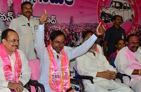 Chief Minister K Chandrashekar Rao addressing media conference on the party victory in GHMC election at Telangana Bhavan in Hyderabad on Friday.Deputy Chief Minister Mahmood Ali Home Minister Naini Narshimha Reddy and MP K Keshava Rao others are seen.Expr