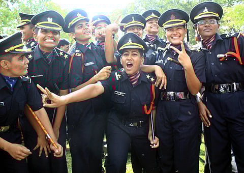 Newly - commissioned officers celebrating after passing-out parade at Officers Training Academy in Chennai on Saturday.| Express Photo/ Martin Louis.