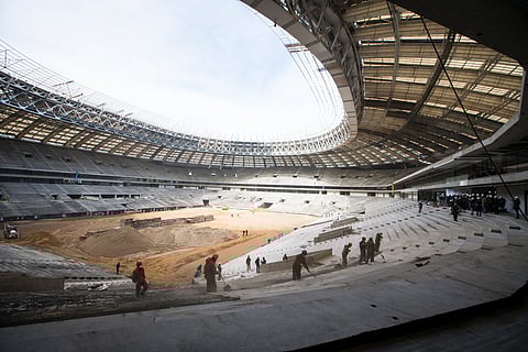 The Luzhniki Stadium which is undergoing a major rebuild to be ready for the 2018 World Cup, in Moscow, Russia, Tuesday, April 19, 2016. Gianni Infantino is visiting 2018 World Cup host Russia for the first time since he was elected FIFA president in Febr