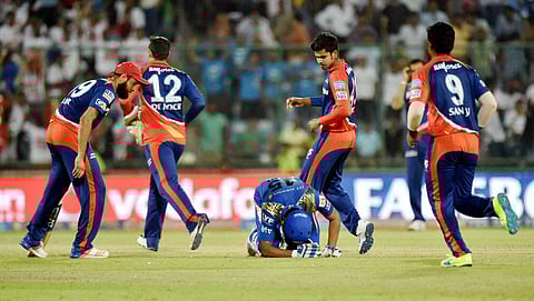 Delhi Daredevils players celebrate after their win over Mumbai Indians in the IPL T20 match in New Delhi on Saturday. | PTI