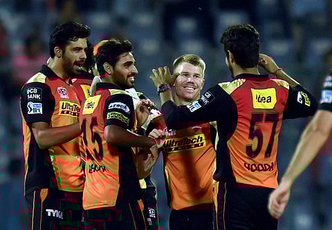 Sunrisers Hyderabad players celebrate after winning against KKR during an eliminator match of the IPL T20 at Ferozshah Kotla in New Delhi on Wednesday. | PTI
