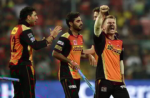 Sunrisers Hyderabad players celebrate after winning the IPL 2016 Final match against Royal Challengers Bangalore at Chinnaswamy Stadium in Bengaluru on Sunday. | PTI