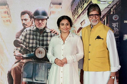 Bollywood actors Amitabh Bachchan and Vidya Balan at the trailer launch of their upcoming film "Te3n" in Mumbai on Thursday. | PTI