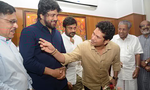 Sachin Tendulkar seen with Kerala CM Pinarayi Vijayan and Telugu film stars Chiranjeevi and Nagarjuna (Express Photo | Manu R Mavelil)