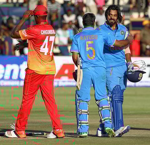 India batsman KL Rahul celebrates victory during one of the ODI matches between India and host Zimbabwe at the Harare Sports Club in Harare. | AFP
